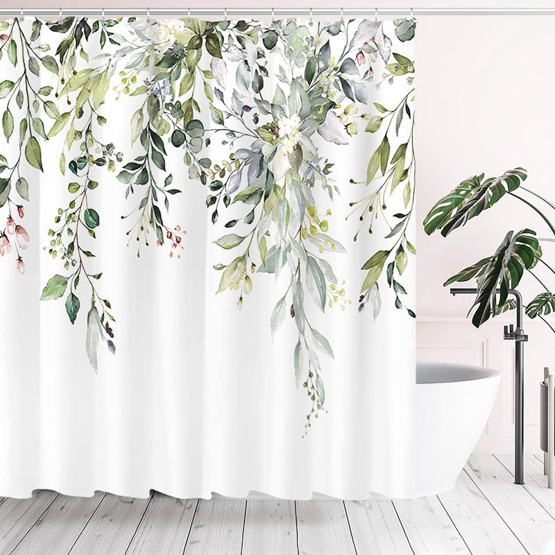 Tititex Eucalyptus Shower Curtain Sets Watercolor Leaves on The Top Plant with Floral Bathroom Decoration 72x78 Inch with Hooks
