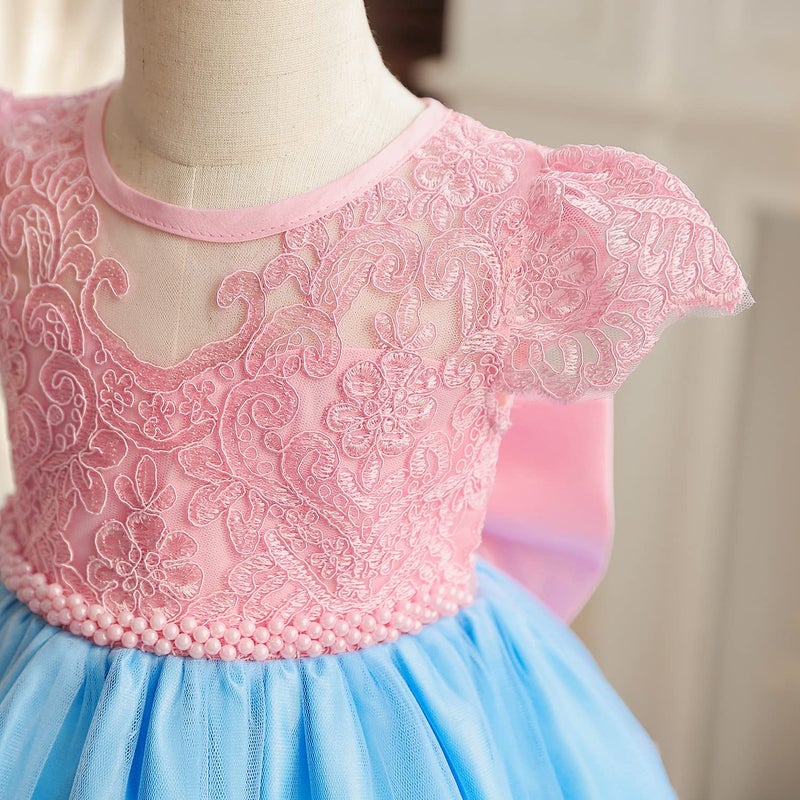 NNJXD Baby Girl Bowknot Tutu Dress for Infant Christening Flower Girls Wedding Birthday Party Gown 2025 Pink&Blue Size(110) 3-4 Years - Image 2