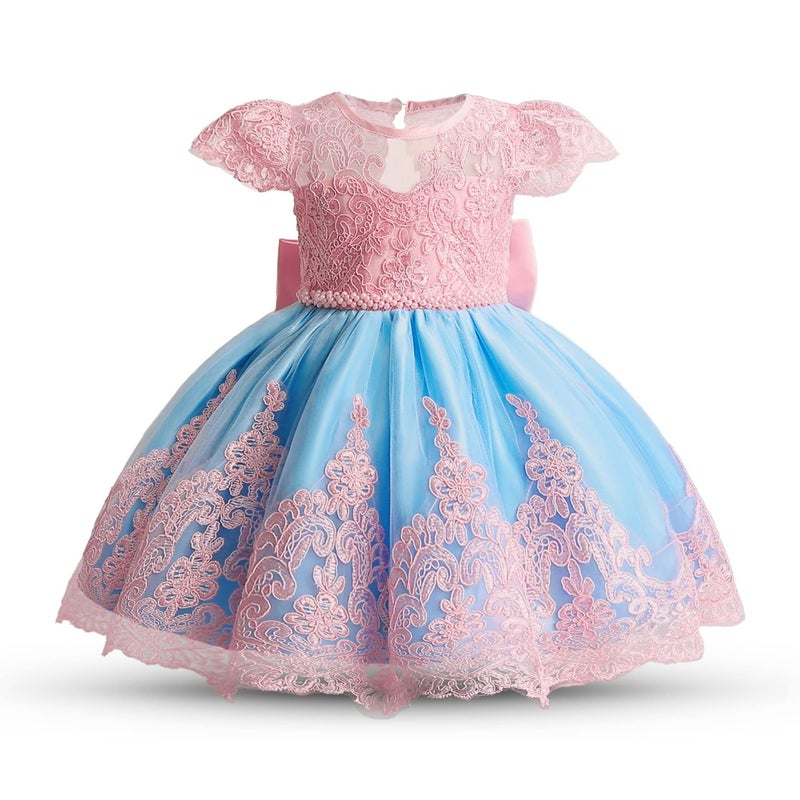 NNJXD Baby Girl Bowknot Tutu Dress for Infant Christening Flower Girls Wedding Birthday Party Gown 2025 Pink&Blue Size(110) 3-4 Years - Image 3