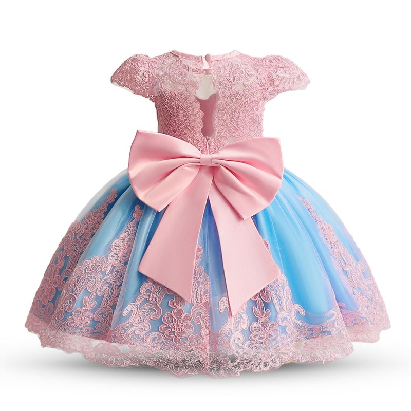 NNJXD Baby Girl Bowknot Tutu Dress for Infant Christening Flower Girls Wedding Birthday Party Gown 2025 Pink&Blue Size(110) 3-4 Years - Image 1