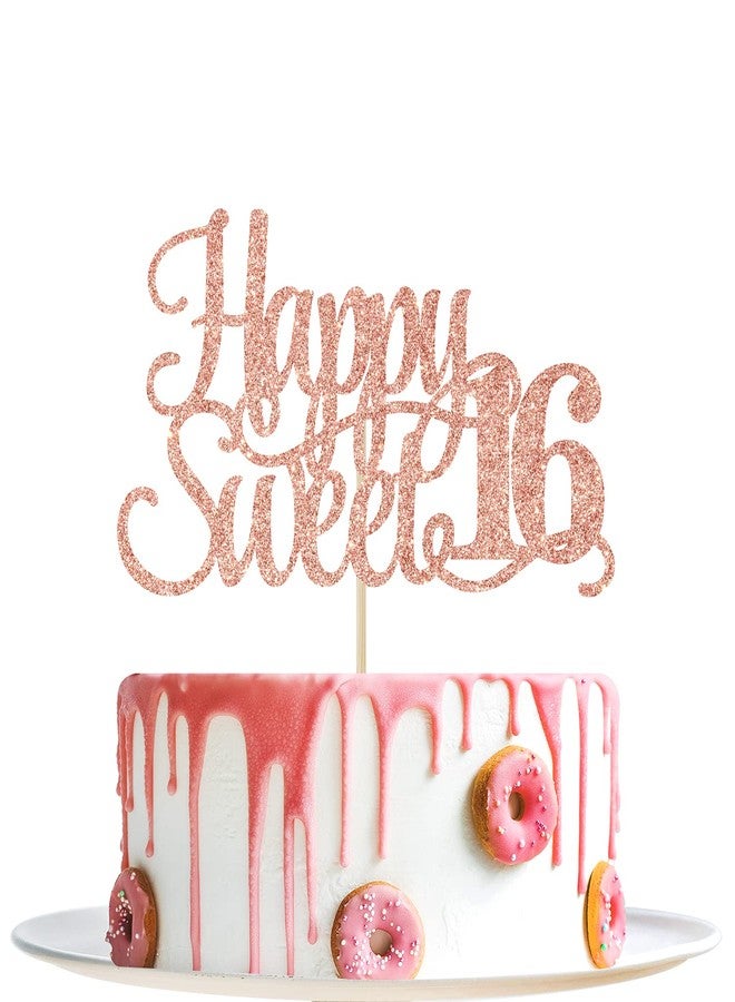 Yotawebery Rose Gold Glitter Happy Sweet 16 Cake Topper - Happy 16th Birthday Cake Decor - Hello 16, Cheers to 16 Years Birthday Party Decoration Supplies - Image 1