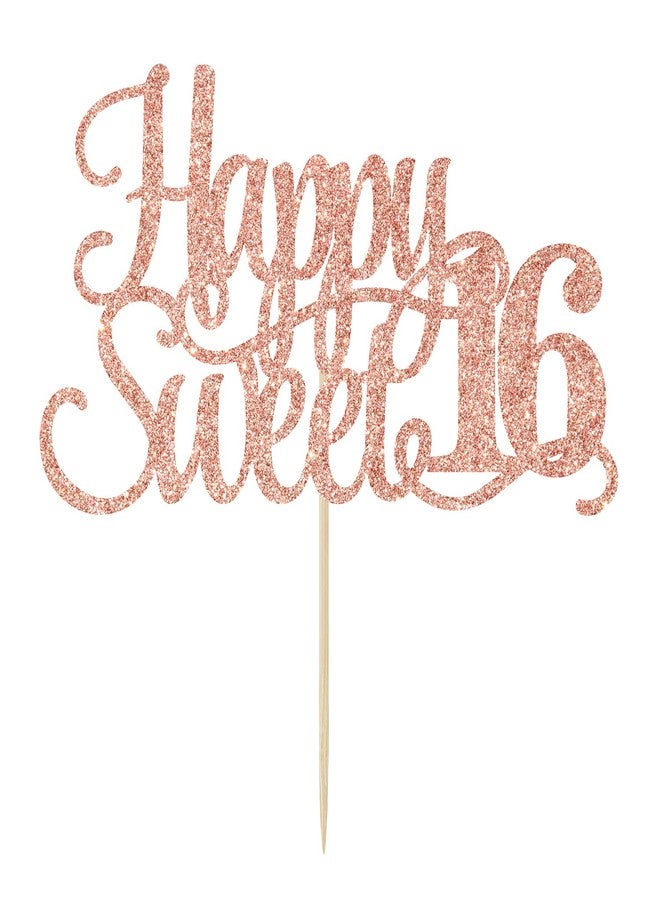 Yotawebery Rose Gold Glitter Happy Sweet 16 Cake Topper - Happy 16th Birthday Cake Decor - Hello 16, Cheers to 16 Years Birthday Party Decoration Supplies - Image 2