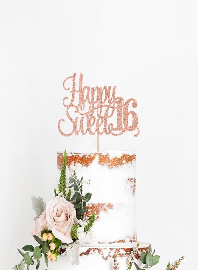 Yotawebery Rose Gold Glitter Happy Sweet 16 Cake Topper - Happy 16th Birthday Cake Decor - Hello 16, Cheers to 16 Years Birthday Party Decoration Supplies - Image 4