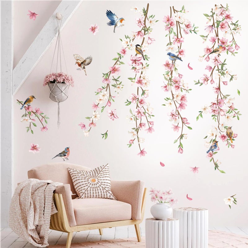 decalmile Hanging Flower Vine Wall Decals Pink Floral Leaves Birds Wall Stickers Bedroom Living Room Sofa TV Background Wall Decor - Image 2