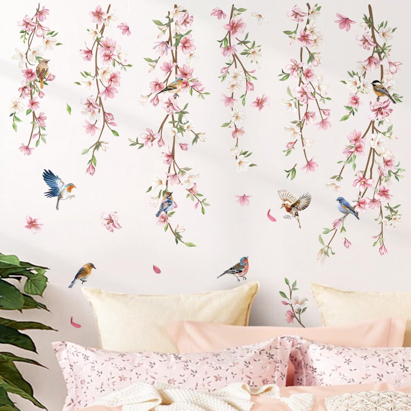 decalmile Hanging Flower Vine Wall Decals Pink Floral Leaves Birds Wall Stickers Bedroom Living Room Sofa TV Background Wall Decor - Image 1