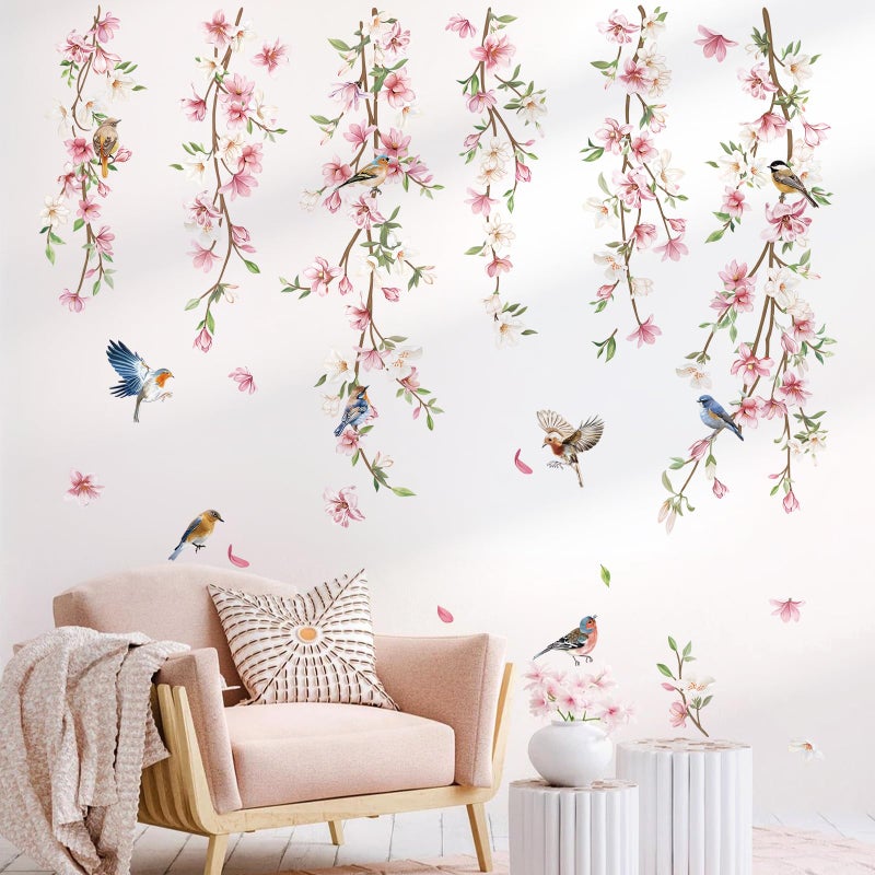 decalmile Hanging Flower Vine Wall Decals Pink Floral Leaves Birds Wall Stickers Bedroom Living Room Sofa TV Background Wall Decor - Image 4