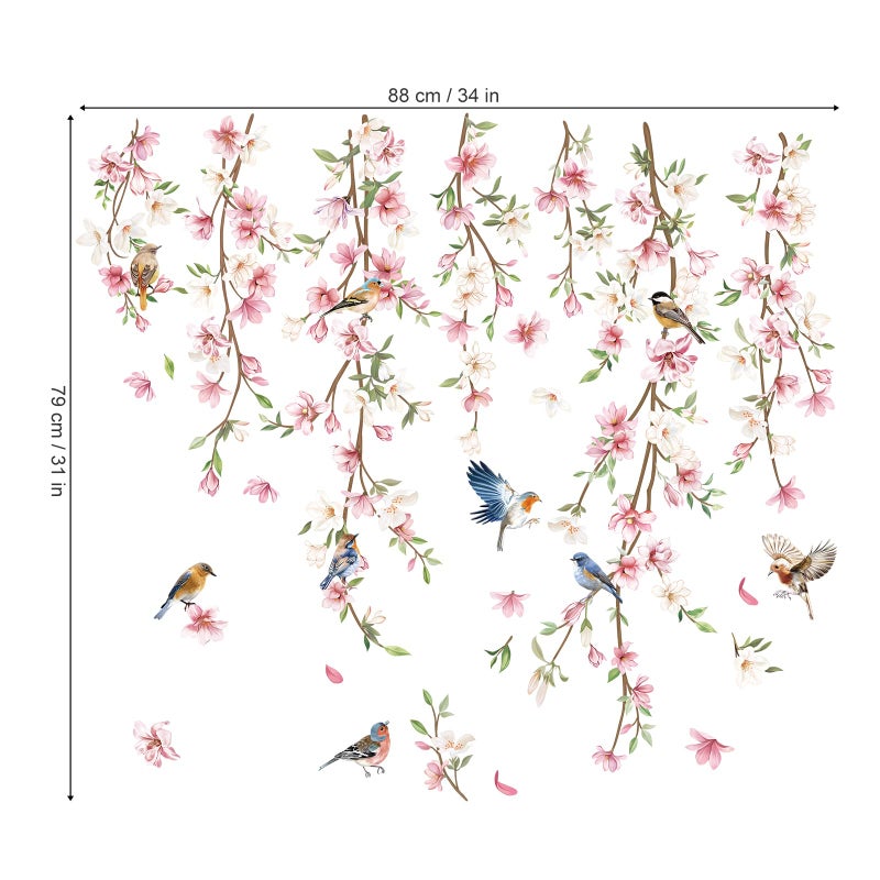 decalmile Hanging Flower Vine Wall Decals Pink Floral Leaves Birds Wall Stickers Bedroom Living Room Sofa TV Background Wall Decor - Image 5