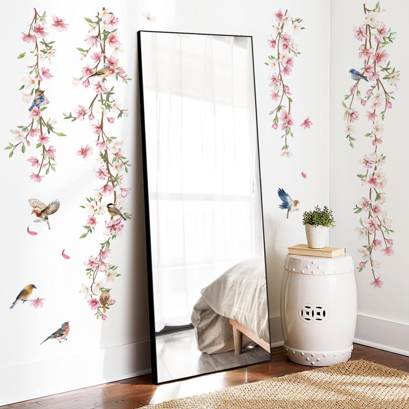 decalmile Hanging Flower Vine Wall Decals Pink Floral Leaves Birds Wall Stickers Bedroom Living Room Sofa TV Background Wall Decor - Image 3