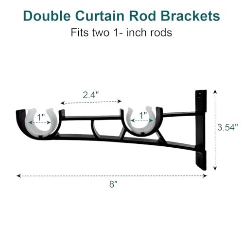 Gudui Double Curtain Rod Brackets, 4 Pack Heavy Duty Aluminum, Wall Mount, Black Curtain Rod Hooks Holders Rod Support for 1 Inch Drapes Rod - Image 3