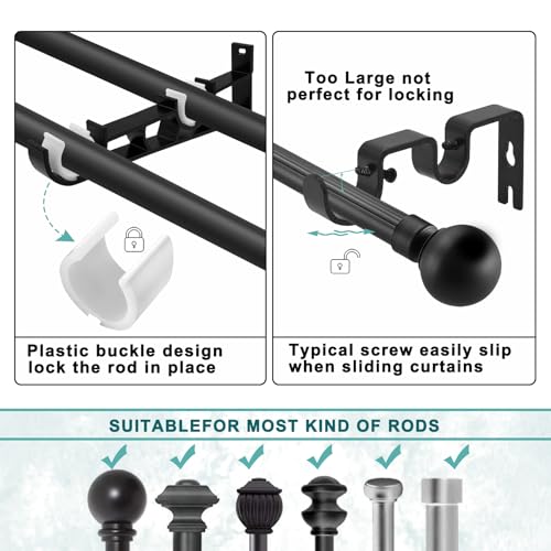 Gudui Double Curtain Rod Brackets, 4 Pack Heavy Duty Aluminum, Wall Mount, Black Curtain Rod Hooks Holders Rod Support for 1 Inch Drapes Rod - Image 2