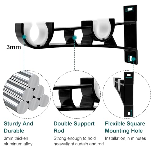 Gudui Double Curtain Rod Brackets, 4 Pack Heavy Duty Aluminum, Wall Mount, Black Curtain Rod Hooks Holders Rod Support for 1 Inch Drapes Rod - Image 4