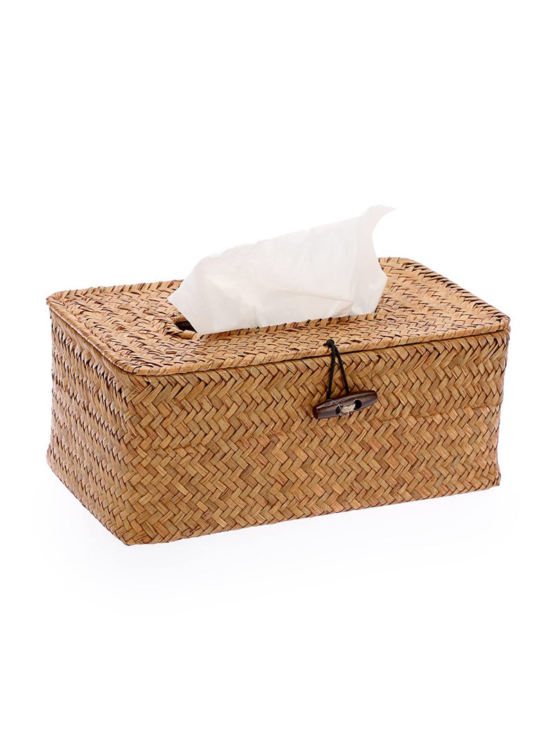 SYOSI حامل صندوق المناديل المنسوجة المستطيل، غطاء صندوق المناديل من السيغراس، حامل مناديل زخرفي، علبة توزيع الورق المضغوط، حوامل المناديل مع غطاء قابل للفتح، مكعب المناديل للمكتب المنزلي والحمام - Image 1