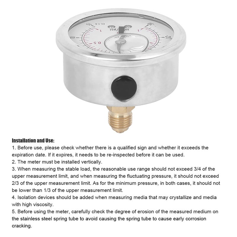TS - PGGZ604 1/4 BSP Y60 Radial Oil Filled Vacuum Pressure Gauge, Stainless Steel Brass Pressure Measurement Tool with - 1 to 1 Bar Range for Chemical Industry Home Heating and Mi - Image 2