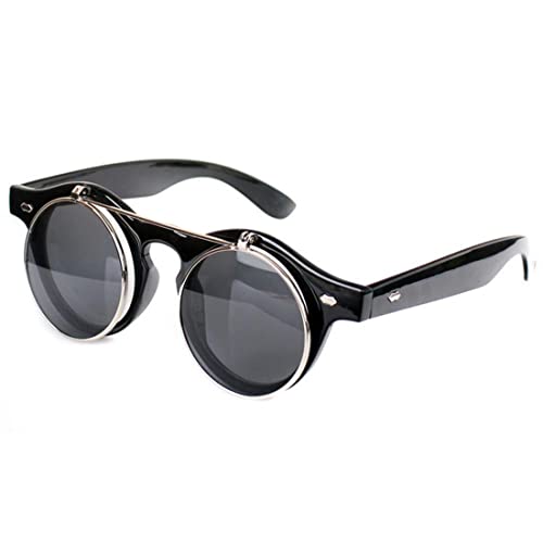 Digital Shoppy Steampunk Goth Goggles Glasses Girls Boys Retro Flip Up Round Sunglasses for Student (Shiny Black) - Image 1