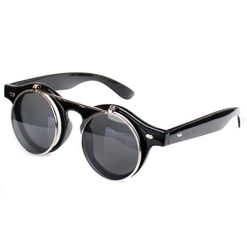 Digital Shoppy Steampunk Goth Goggles Glasses Girls Boys Retro Flip Up Round Sunglasses for Student (Shiny Black) - Image 4