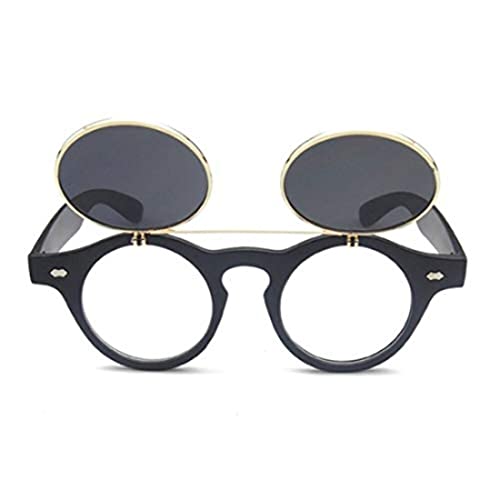 Digital Shoppy Steampunk Goth Goggles Glasses Girls Boys Retro Flip Up Round Sunglasses for Student (Shiny Black) - Image 2