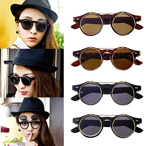 Digital Shoppy Steampunk Goth Goggles Glasses Girls Boys Retro Flip Up Round Sunglasses for Student (Shiny Black) - Image 3