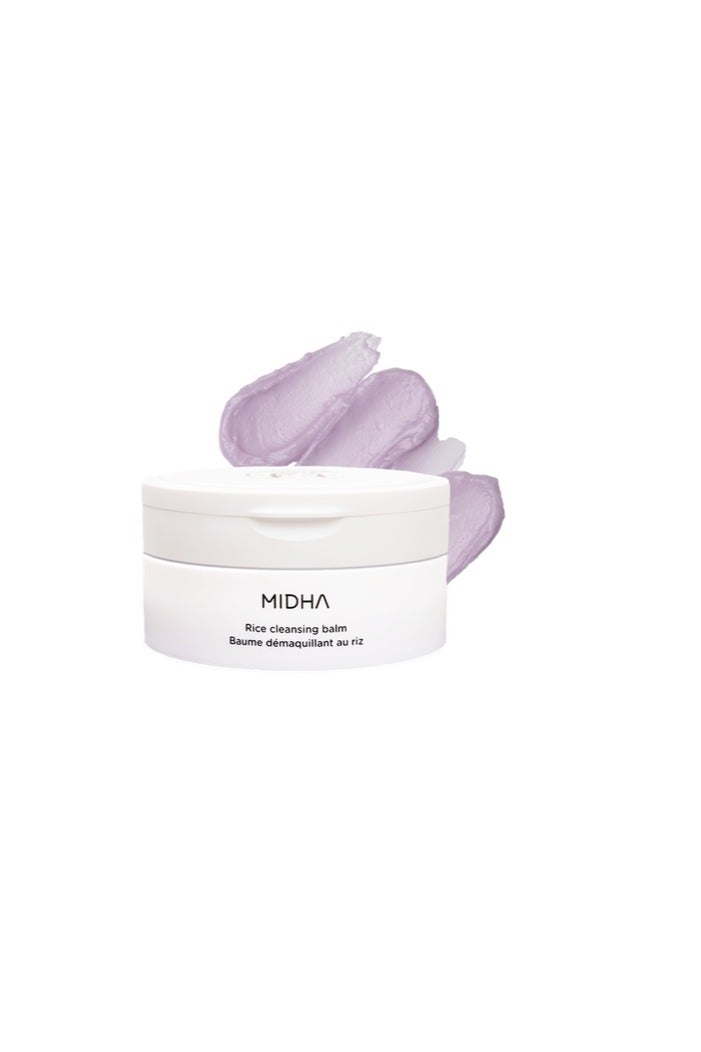 Midha Rice Cleansing Balm is a gentle, non-irritating cleanser that melts away makeup, sunscreen, and daily buildup. Its soft, buttery balm to oil texture glides on smoothly and rinses off clean, leaving skin fresh, hydrated, and balanced. - Image 2