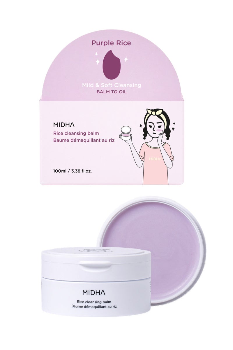 Midha Rice Cleansing Balm is a gentle, non-irritating cleanser that melts away makeup, sunscreen, and daily buildup. Its soft, buttery balm to oil texture glides on smoothly and rinses off clean, leaving skin fresh, hydrated, and balanced. - Image 1