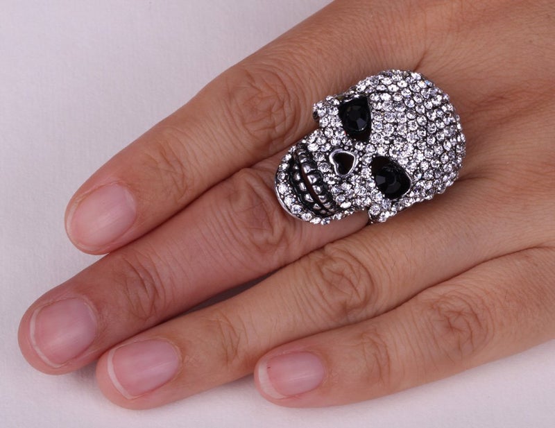 YACQ Women's Skull Stretch Rings Fit Finger Size 7 TO 9 - Moving Jaw - Lead & Nickle Free - Paved Crystals - (1-1/2 x 1) Inch - Scarf Holders - Women Girlfriend wife Biker Jewelry (Silver Clear) - Image 3