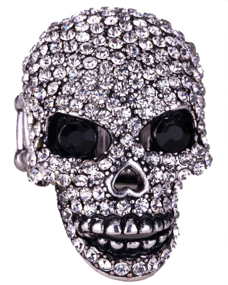YACQ Women's Skull Stretch Rings Fit Finger Size 7 TO 9 - Moving Jaw - Lead & Nickle Free - Paved Crystals - (1-1/2 x 1) Inch - Scarf Holders - Women Girlfriend wife Biker Jewelry (Silver Clear) - Image 1