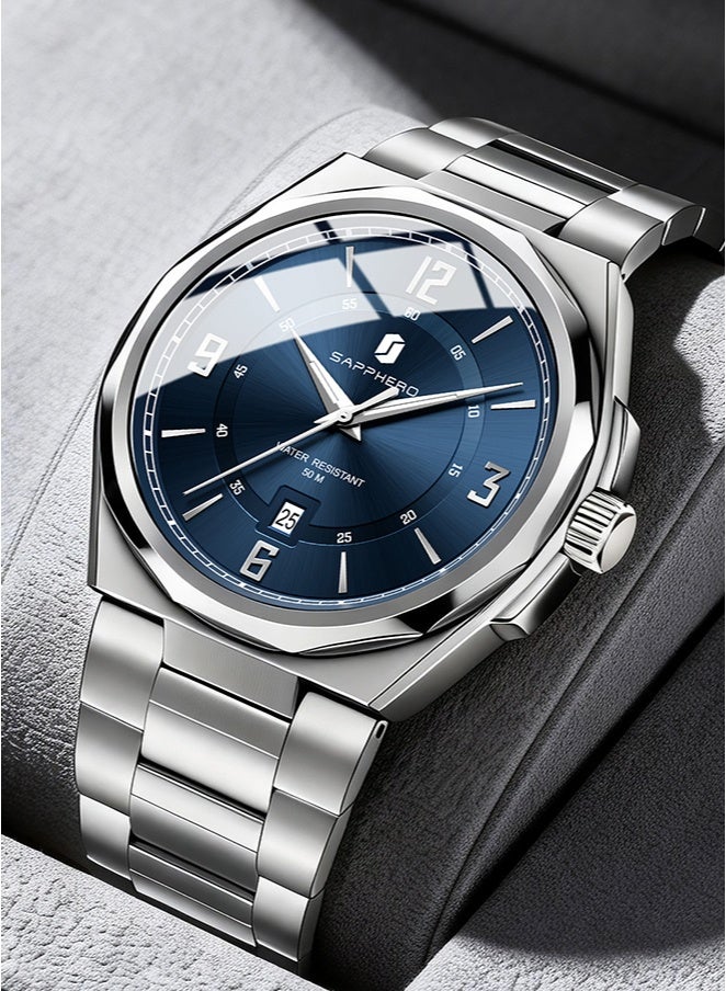 SAPPHERO Mens Watch with Date Subdial/Arabic Numeral Dial, Analog Quartz, Stainless Steel/Leather Strap, 50M Waterproof, Business Work Sport Casual Dress Wristwatch, Elegant Gift for Men - Image 1