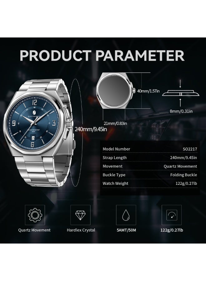 SAPPHERO Mens Watch with Date Subdial/Arabic Numeral Dial, Analog Quartz, Stainless Steel/Leather Strap, 50M Waterproof, Business Work Sport Casual Dress Wristwatch, Elegant Gift for Men - Image 4