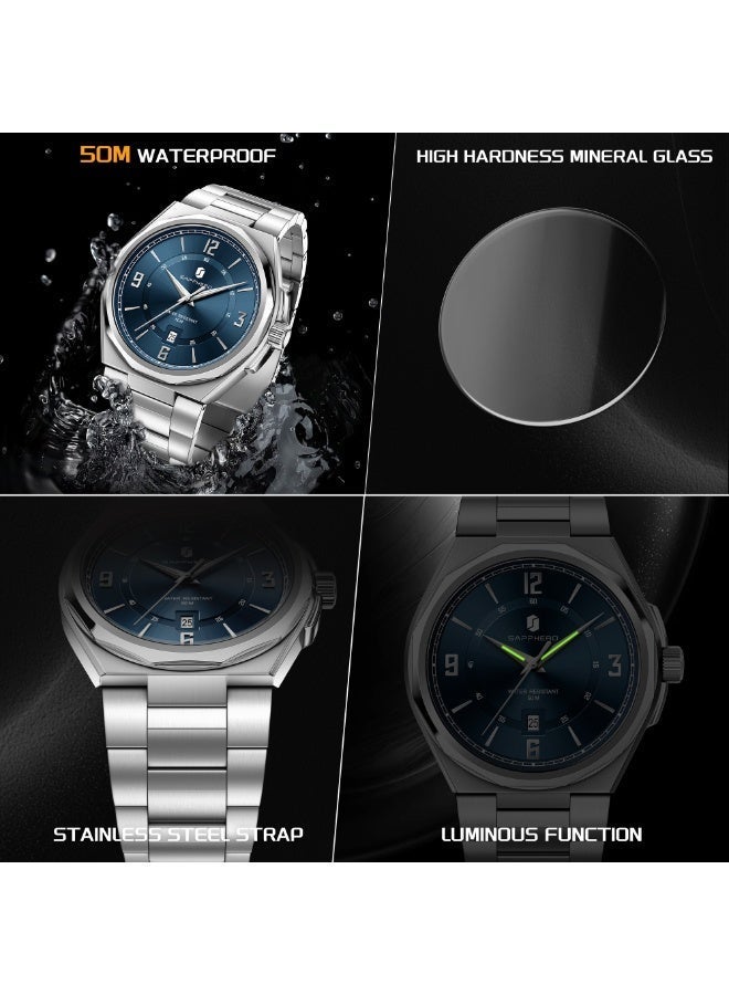 SAPPHERO Mens Watch with Date Subdial/Arabic Numeral Dial, Analog Quartz, Stainless Steel/Leather Strap, 50M Waterproof, Business Work Sport Casual Dress Wristwatch, Elegant Gift for Men - Image 5