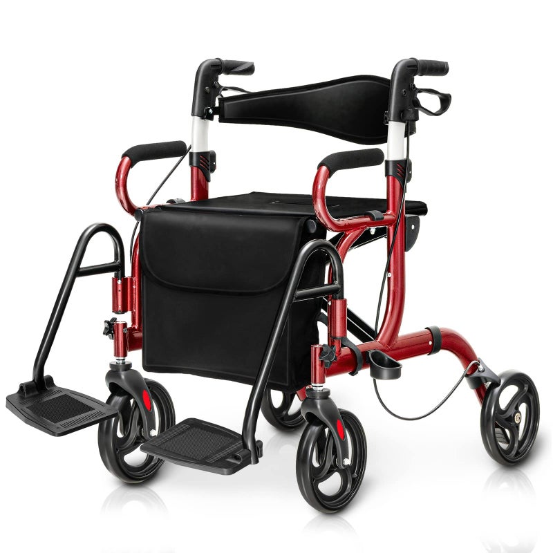 Goplus 2 in 1 Rollator Walker for Seniors Medical Walker with Seat Folding Transport Wheelchair Rollator with 8 Wheels Reversible Backrest Footrests Aluminum Mobility Walking Aid