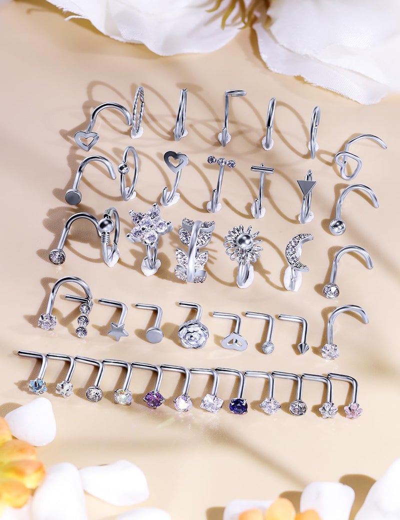Kridzisw 18G Nose Rings Hoops Studs Piercing Jewelry for Women 18 Gauge Stainless Surgical Steel L Shaped Bend Screw Nose Ring Hoop Nose Rings Stud Nostril Piercing Jewelry Men Silver 2mm CZ Diamond - Image 5