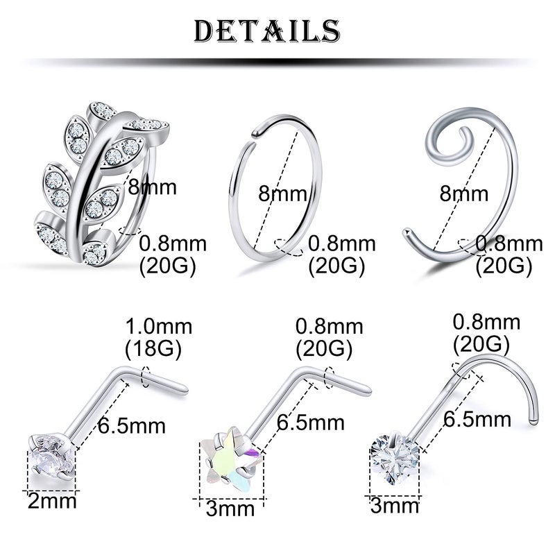 Kridzisw 18G Nose Rings Hoops Studs Piercing Jewelry for Women 18 Gauge Stainless Surgical Steel L Shaped Bend Screw Nose Ring Hoop Nose Rings Stud Nostril Piercing Jewelry Men Silver 2mm CZ Diamond - Image 2