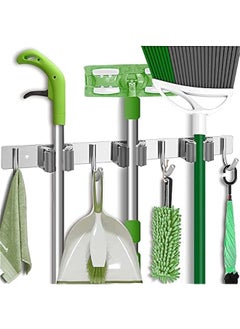 MIXDE Stainless Steel Broom and Mop Holder Wall Mount - Heavy Duty Organizer for Bathroom, Kitchen, Office, Closet, Garden - 3 Racks, 4 Hooks  - Image 1