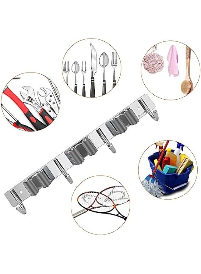 MIXDE Stainless Steel Broom and Mop Holder Wall Mount - Heavy Duty Organizer for Bathroom, Kitchen, Office, Closet, Garden - 3 Racks, 4 Hooks - Image 2
