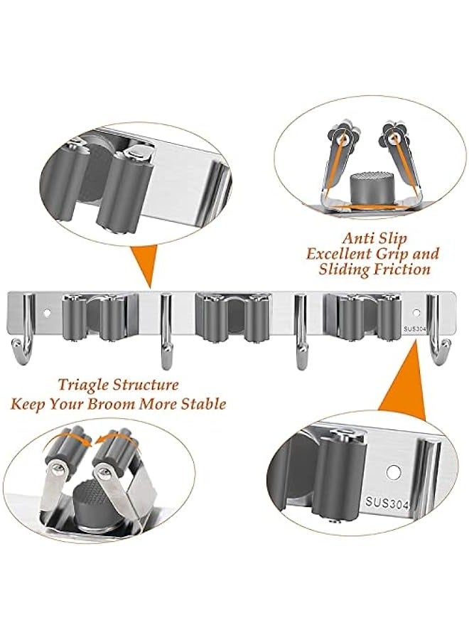 MIXDE Stainless Steel Broom and Mop Holder Wall Mount - Heavy Duty Organizer for Bathroom, Kitchen, Office, Closet, Garden - 3 Racks, 4 Hooks - Image 4