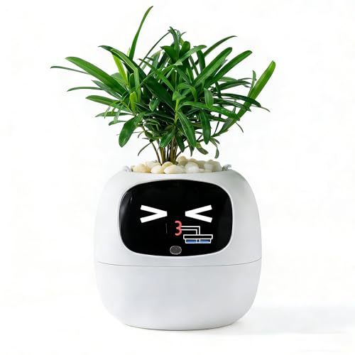 TPHRAVAL Intelligent Flower Pot Electronic Bud Maintenance Plant Assistant Fun Interactive Flower Pot Indoor Green Planting Monitoring LCD Screen Display Cell Phone APP Connection White - Image 1