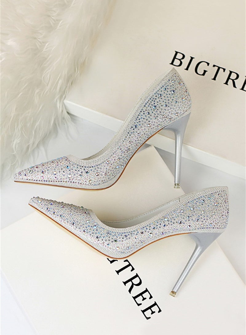 بيج تري أزياء السيدات أحذية عالية الكعب مع غرامة الماس 10cm أبيض - Image 2