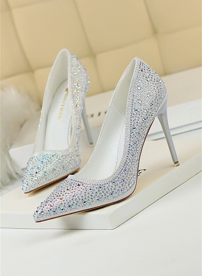 بيج تري أزياء السيدات أحذية عالية الكعب مع غرامة الماس 10cm أبيض - Image 1