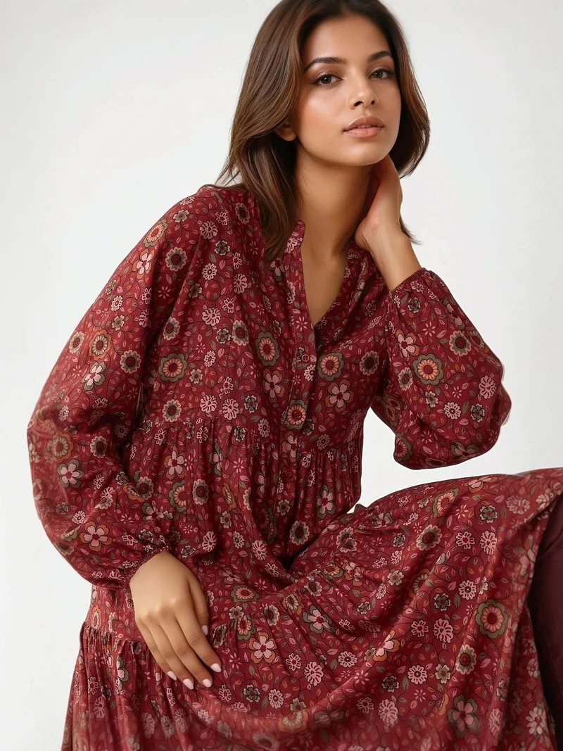 HICCUP Printed V-Neck Maxi Dress with Buttons