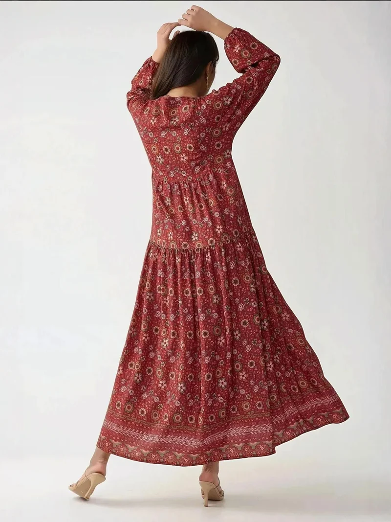 HICCUP Red Printed V-Neck Maxi Dress with Buttons for Women | Best Price UAE