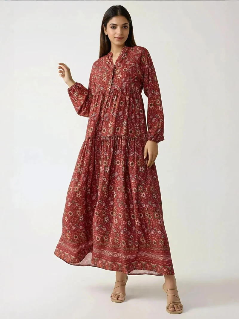 HICCUP Printed V-Neck Maxi Dress with Buttons