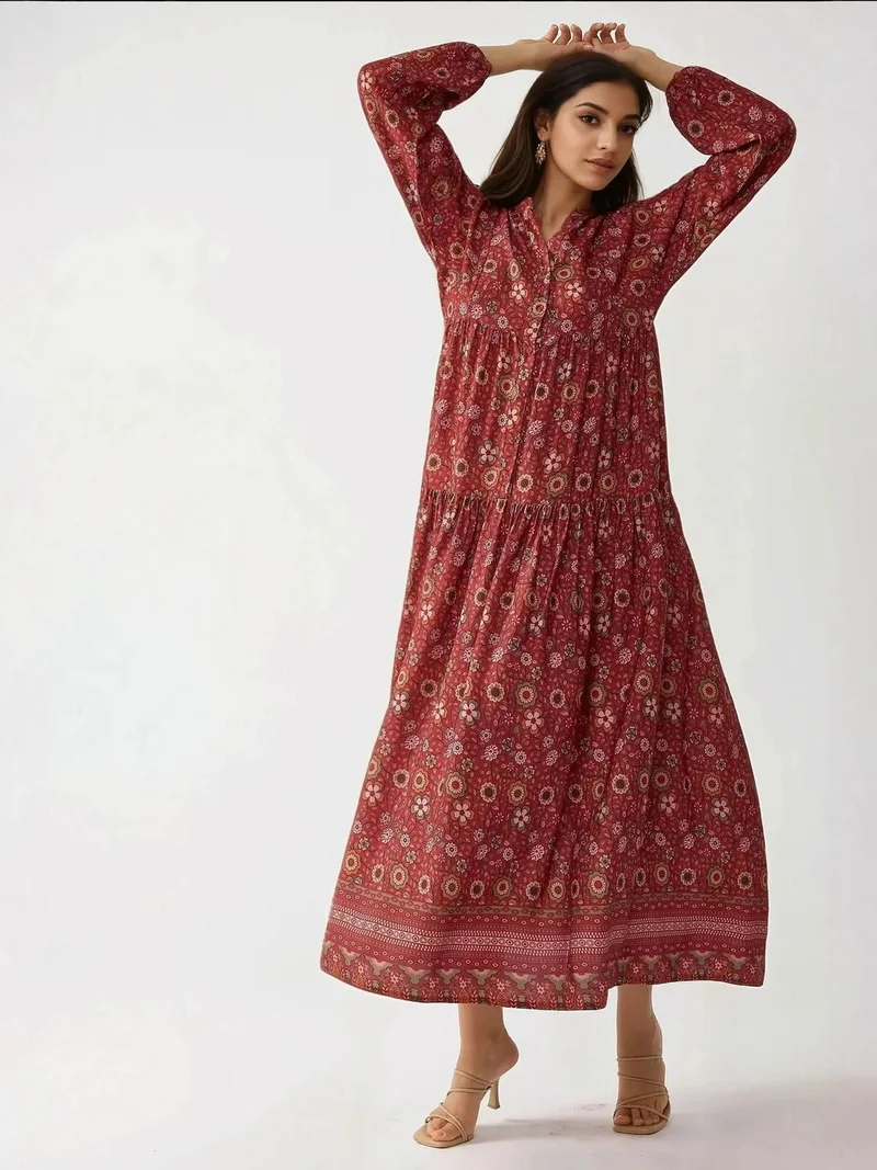 HICCUP Red Printed V-Neck Maxi Dress with Buttons for Women | Best Price UAE