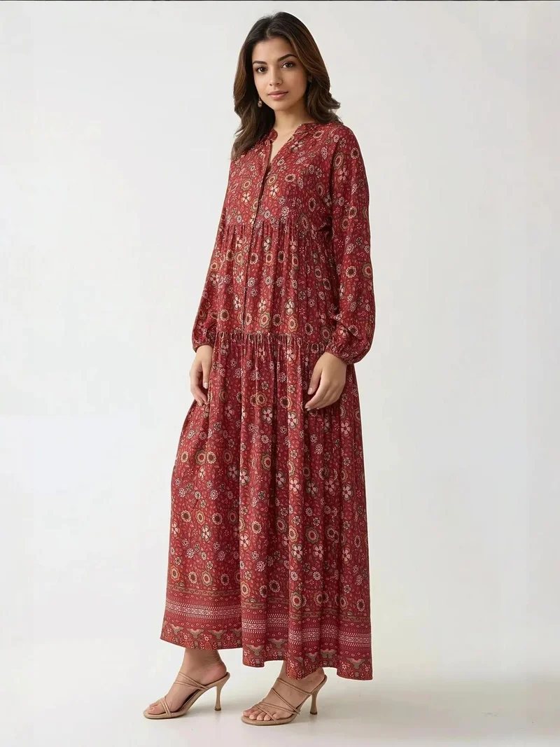 HICCUP Red Printed V-Neck Maxi Dress with Buttons for Women | Best Price UAE