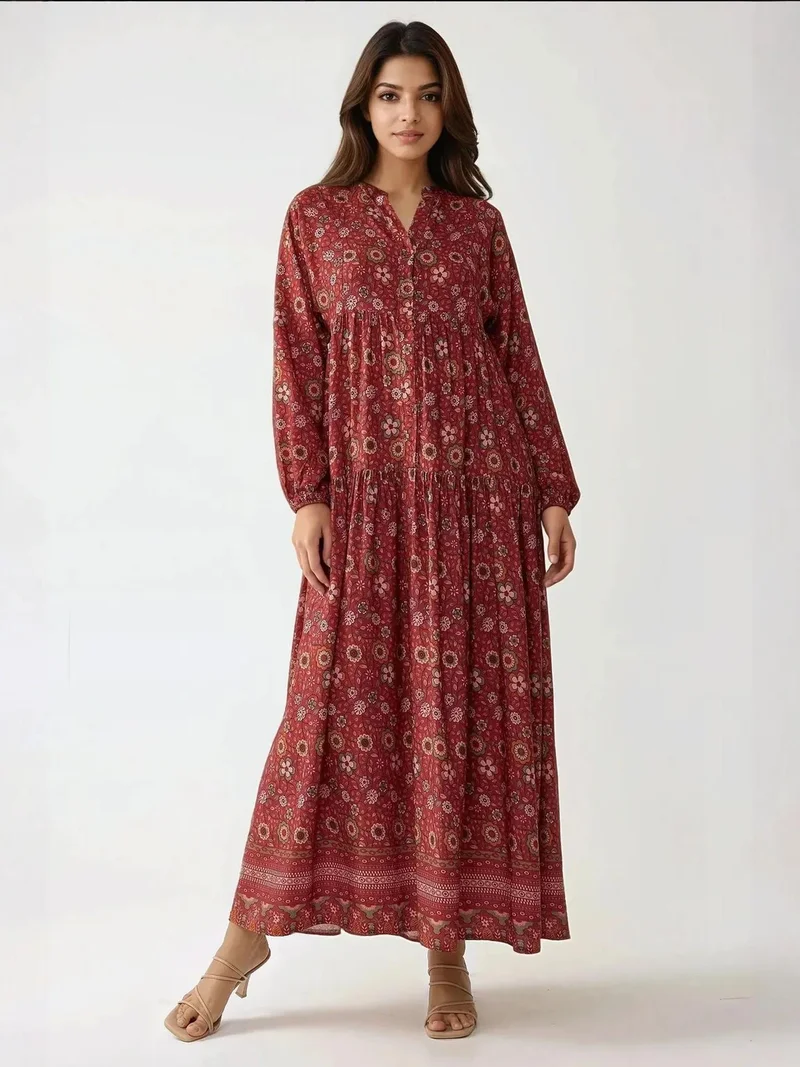 HICCUP Red Printed V-Neck Maxi Dress with Buttons for Women | Best Price UAE