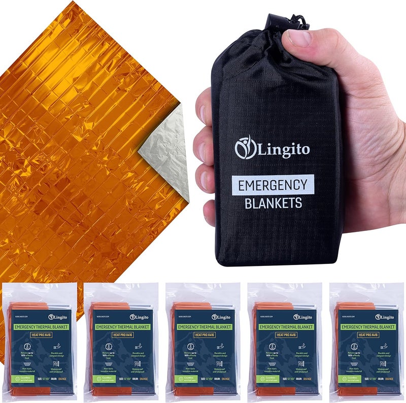 Lingito Survival Blanket Emergency Blankets Camping Hiking Traveling Heavy Duty Thermal Blanket Waterproof Insulated Space Blankets Individually Packed Emergency Outdoor Kit 5 Pack  Orange - Image 1