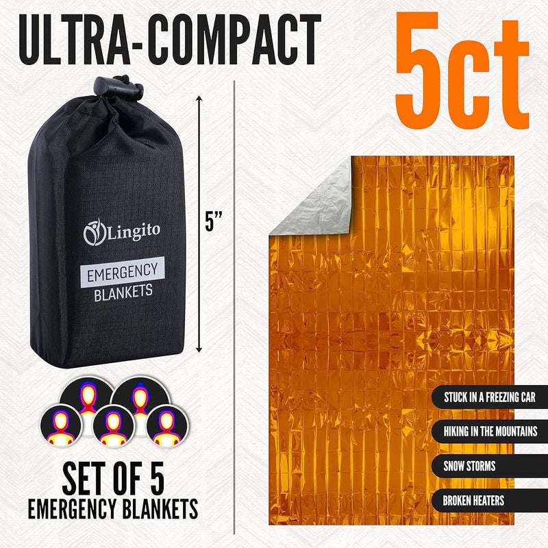 Lingito Survival Blanket Emergency Blankets Camping Hiking Traveling Heavy Duty Thermal Blanket Waterproof Insulated Space Blankets Individually Packed Emergency Outdoor Kit 5 Pack  Orange - Image 3