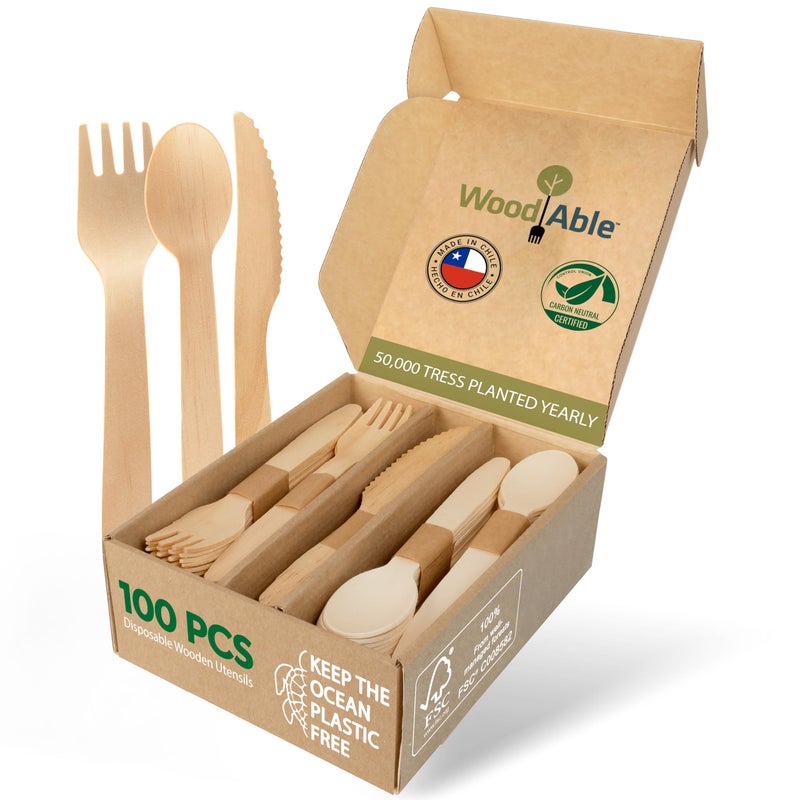 Disposable Wooden Cutlery Set  100 Home Compostable  100 Mix  40 Forks 40 Spoons and 20 Knives 65 Bamboo Utensils Alternative EcoFriendly Organic Sustainable and Carbon Neutral Certified