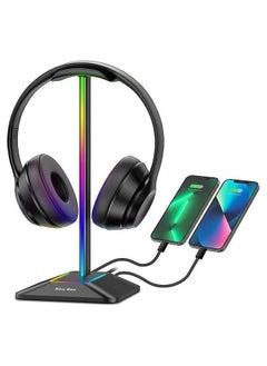 شو وو حامل سماعة رأس RGB مع منفذ شحن USB-C ومنفذ شحن USB واحد حامل سماعة رأس للألعاب مع 7 أوضاع إضاءة وقاعدة مطاطية مضادة للانزلاق مناسبة لجميع ملحقات سماعات الأذن باللون الأسود  - Image 1