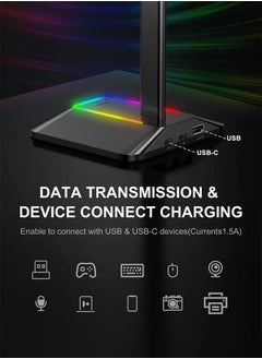 شو وو حامل سماعة رأس RGB مع منفذ شحن USB-C ومنفذ شحن USB واحد حامل سماعة رأس للألعاب مع 7 أوضاع إضاءة وقاعدة مطاطية مضادة للانزلاق مناسبة لجميع ملحقات سماعات الأذن باللون الأسود  - Image 5