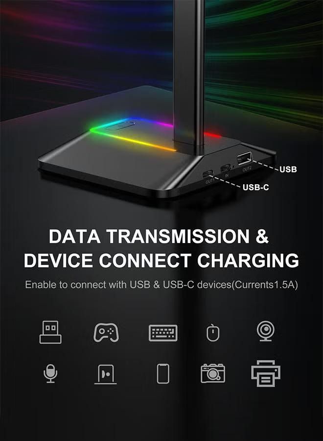 XiuWoo RGB Headphone Stand with 1 USB-C Charging Port and 1 USB Charging Port Desk Gaming Headset Holder with 7 Light Modes and Non-Slip Rubber Base Suitable for All Earphone Accessories Black - Image 5