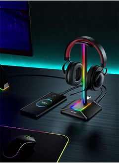 شو وو حامل سماعة رأس RGB مع منفذ شحن USB-C ومنفذ شحن USB واحد حامل سماعة رأس للألعاب مع 7 أوضاع إضاءة وقاعدة مطاطية مضادة للانزلاق مناسبة لجميع ملحقات سماعات الأذن باللون الأسود  - Image 3